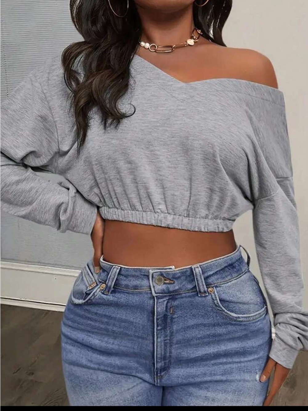 Grey Off-Shoulder Cropped Sweatshirt - Picture 2 of 9